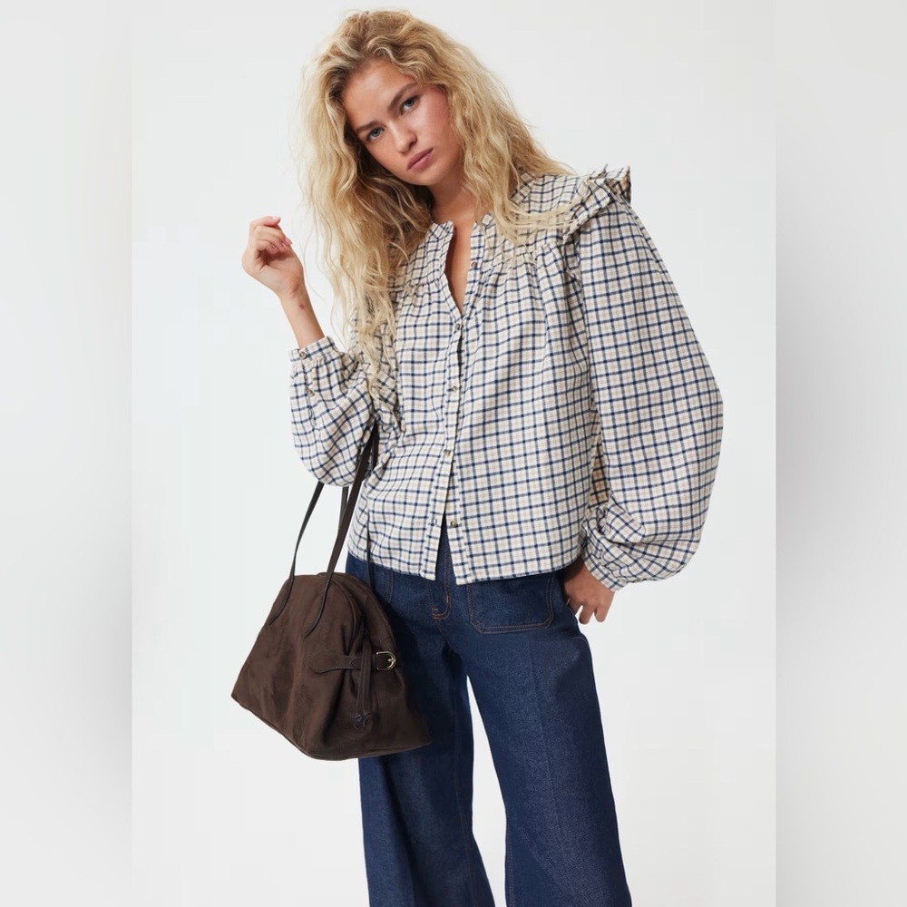 H&M Checkered Blouse in Blue and Cream NWOT